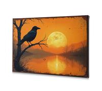 Decorazione per il bagno con un corvo posatosi su un ramo sotto una luna piena. Immagine decorativa su tela, stile shabby chic, decorazione artistica da parete per bagno (20 x 30 cm)