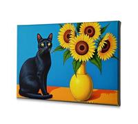Decorazione per il bagno Un gatto nero siede accanto a un vaso giallo pieno di girasoli. Tela decorativa pasquale decorazione per camera da letto (20 x 30 cm)
