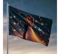 Decorazione per la casa da uomo, una coppia si abbraccia sotto un cielo pieno di farfalle luminose. Bandiera alla moda poster bandiere accessori da scrivania per uomo (60 x 90 cm)