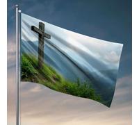 Decorazione per la casa da uomo Una croce di legno si trova su una collina erbosa che domina un paesaggio montano. Bandiera accessori per piscina roba da bar per uomo (30 x 45 cm)