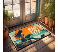 Decorazione per la casa, motivo: sirena seduta sulla roccia con tramonto sull'oceano dietro di lei. Zerbino decorativo per la casa e la stanza dei ragazzi (50 x 80 cm)