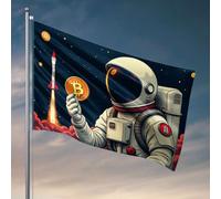 Decorazione per la casa per gli uomini astronauta che tiene simbolo Bitcoin con lancio di razzi sullo sfondo. Bandiera accessori per piscina roba da bar per uomo grotta (60 x 90 cm)
