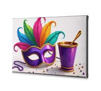 Decorazione per la stanza con piume colorate adornano una maschera festiva accanto a una coppa dorata. Tela decorativa da parete decorazione da parete cristiana pasquale (40 x 60 cm)
