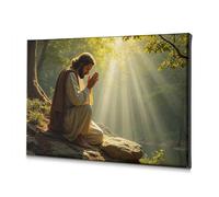 Decorazione per la stanza con una persona in veste si inginocchia da un ruscello sereno della foresta, immersa nella luce dorata, su tela, decorazione da parete cristiana pasquale (20 x 30 cm)