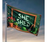Decorazione per la stanza dei ragazzi e adolescenti strumenti da giardinaggio e piante su un tavolo con scritta "She Shed" scritto su una lavagna. Bandiera autunnale da giardino accessori per patio