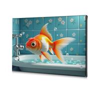 Decorazione per la stanza Un pesce rosso nel lavandino del bagno con piastrelle floreali. Tela decorativa da parete, decorazione cristiana pasquale (40 x 60 cm)