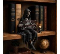Decorazione per libreria con scheletro e scritta "This is My Happy Place Don't FCK It Up", statua di teschio scuro, da scrivania, divertente scultura di Halloween, regalo per gli amanti dei libri