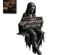 Decorazione per libreria "This is My Happy Place" con scheletro, statuetta gotica ironica, scheletro lettore fantasy-horror,decorazione divertente per Halloween (biblioteca, ufficio, studio) (1pc)