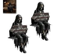 Decorazione per libreria "This is My Happy Place" con scheletro, statuetta gotica ironica, scheletro lettore fantasy-horror,decorazione divertente per Halloween (biblioteca, ufficio, studio) (2pcs)
