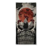 Decorazione per porta a forma di gallo di Halloween, con uccelli neri spettrali e luna rossa, decorazione per interni ed esterni, per festival autunnali, 91 x 182 cm