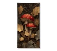 Decorazione per porta con funghi autunnali, decorazione rustica con foglie di funghi rossi per porta d'ingresso, per interni ed esterni, autunno stagionale, sfondo da appendere 91 x 183 cm