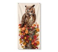 Decorazione per porta con gufo autunnale, realistico, gufo marrone con foglie autunnali, decorazione per porta d'ingresso, per interni ed esterni, sfondo da appendere stagionale, 91 x 183 cm