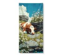 Decorazione per porta con mucca pastorale, scena della natura fantasiosa con fiori e rocce, striscioni da appendere all'aperto primaverili per la decorazione della casa, 91 x 182 cm