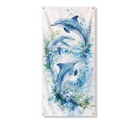 Decorazione per porta con scena delfino, motivo oceano, acquerello, vita marina, decorazione per porta d'ingresso, per interni ed esterni, estate, spiaggia, sfondo da appendere 91 x 182 cm