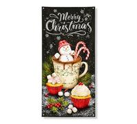 Decorazione per porta con scritta "Merry Christmas", motivo natalizio con pupazzo di neve, cacao caldo, decorazione per interni ed esterni, 91 x 182 cm
