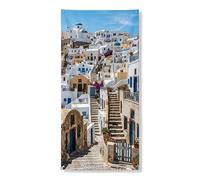 Decorazione per porta del villaggio mediterraneo, incantevoli edifici bianchi e cieli blu, decorazione per interni ed esterni, sfondo per vacanze estive, 91 x 183 cm