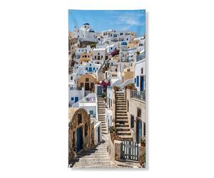 Decorazione per porta del villaggio mediterraneo, incantevoli edifici bianchi e cieli blu, decorazione per interni ed esterni, sfondo per vacanze estive, 91 x 183 cm