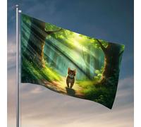Decorazione per porta della camera da letto, un gatto cammina lungo un sentiero in una foresta illuminata dal sole. Bandiera da giardino con supporto accessori per giocatori (120 x 180 cm)