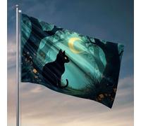 Decorazione per porta della camera da letto, un gatto nero si siede sotto una luna crescente in una foresta. Bandiera da giardino con supporto per bandiera accessori per giocatori (152 x 244 cm)