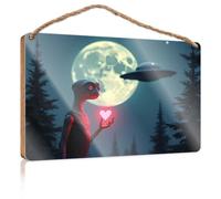 Decorazione per porta della fattoria con alieno che tiene il cuore davanti alla luna piena, cartello in legno per casa colonica, decorazione per bagno, porta d'ingresso, 15 x 28 cm