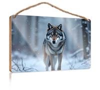 Decorazione per porta della fattoria con lupo grigio nella foresta innevata, cartello in legno per casa colonica, decorazione per bagno, porta d'ingresso, 20 x 30 cm