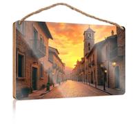 Decorazione per porta della fattoria con tramonto che si illumina nella città vecchia, cartello in legno per casa colonica, decorazione per bagno, porta d'ingresso, dicembre (20 x 30 cm)