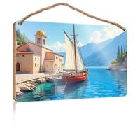 Decorazione per porta della fattoria in barca a vela serenità: una chiesa costiera e una scena di yacht, cartello in legno da parete per cucina, decorazione per porta d'ingresso (20 x 30 cm)