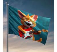 Decorazione per porta della stanza Un gatto felice dei cartoni animati che suona una chitarra elettrica. Bandiera per camera da letto (152 x 244 cm)