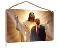 Decorazione per porta d'ingresso, da appendere, divertente cartello in legno con Gesù e politico nella luce celeste, cartello da appendere alla parete, fai da te (15 x 28 cm)