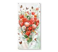 Decorazione per porta floreale a forma di cuore, con tulipani rossi vivaci e farfalle, decorazione per porta d'ingresso, per interni ed esterni, sfondo per vacanze primaverili, 91 x 183 cm