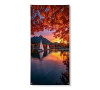 Decorazione per porta panoramica autunnale, con vivace tramonto sul lago, barche a vela, decorazione stagionale per interni ed esterni, 91 x 182 cm