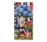Decorazione per porta patriottica floreale, ortensie blu rustiche e tulipani rossi, decorazione per porta d'ingresso, per interni ed esterni, celebrazioni estive, forniture per le vacanze, 91 x 182 cm