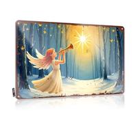 Decorazione per porta per camera da letto, angelo che suona la tromba nella foresta innevata con cielo stellato, targa in latta divertente per uomo (20 x 30 cm)