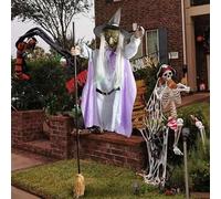 Decorazione per strega volante di Halloween, 1,5 m, strega su scopa con occhi luminosi, strega volante con occhi luminosi e funzione di attivazione del suono spaventoso, decorazione animatronic per