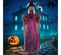 Decorazione per strega volante di Halloween, strega in bilico con scopa e suoni spaventosi, decorazione per la casa animata horror, per giardino, cortile, prato esterno (luce F-Voice control luce