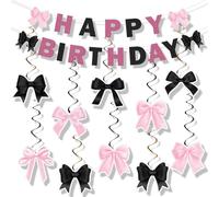 Decorazione per striscioni di compleanno con fiocco rosa e nero, forniture per striscioni con fiocco di buon compleanno, decorazioni per feste con vortici sospesi per baby shower femminile