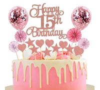 Decorazione per Torta 15° Compleanno in Oro Rosa per Ragazzo e Ragazza - Happy 15th Birthday Glitter Cake Topper - Buon 15° Compleanno