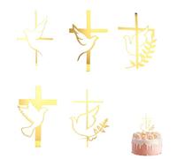 Decorazione per torta battesimo e comunione, set 5 pezzi con colomba e croce in acrilico dorato, decorazioni per prima comunione, battesimo, compleanno