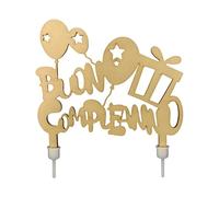 Decorazione per Torta Buon Compleanno in Legno, 18 x 15 cm, con Palloncini e Stelle, Color Naturale