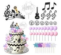 Decorazione per Torta Buon Compleanno Musica, 42 Pezzi Chiave Musicale Palla da Discoteca Chitarra Stelle Note Musicali, Toppers per Cupcake per Tema Rock n Roll, Compleanno, Baby Shower, Matrimonio