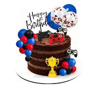 Decorazione per torta di gioco, 28 pezzi, decorazioni per torte - Controller di gioco/trofei / "Happy Birthday" inserto/palloncini, topper per compleanno a tema videogioco