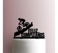 Decorazione per torta in acrilico con scritta "Feliz Cumpleanos" e mountain bike, larghezza 20,3 cm, colore: viola