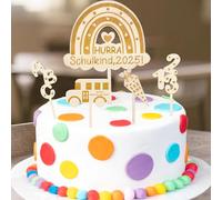 Decorazione per torta in legno, Hurra Schulkind Rainbow Cake Topper, borsa per la scuola ABC 123, bella che tu sia da Bist Scuolabus, decorazione per torte, per la scuola e l'inizio della scuola