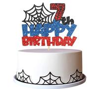 Decorazione per torta per 7° compleanno, motivo cartone animato, con scritta "Cheers to Seven Years", colore: nero, blu, rosso glitterato