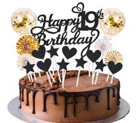 Decorazione per torta per il 19° compleanno, colore nero, oro, per ragazze e ragazzi - Happy Birthday Cake Topper - Decorazione per torta per 19 anni