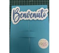 Decorazione per Torte Benvenuto, Topper Cake Glitter Blu con Scritta, Accessorio per Dolci e Feste