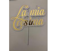 Decorazione per Torte La Mia Cresima, Cake Topper Bianco e Oro, 14x20 cm, con Stecchino
