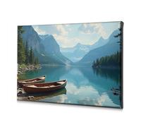 Decorazione primaverile con due barche in legno su un lago sereno circondato da montagne maestose su tela, immagine decorativa per bagno, decorazione da parete per soggiorno (30 x 40 cm)