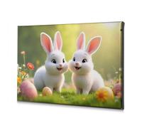Decorazione primaverile con due simpatici coniglietti bianchi in un giardino colorato, immagine decorativa su tela, immagine decorativa per bagno, decorazione da parete per soggiorno (40 x 60 cm)