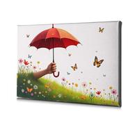 Decorazione primaverile con una mano che tiene un ombrello in mezzo a un campo di fiori colorati e farfalle. Immagine decorativa su tela per bagno, decorazione da parete per soggiorno (30 x 40 cm)